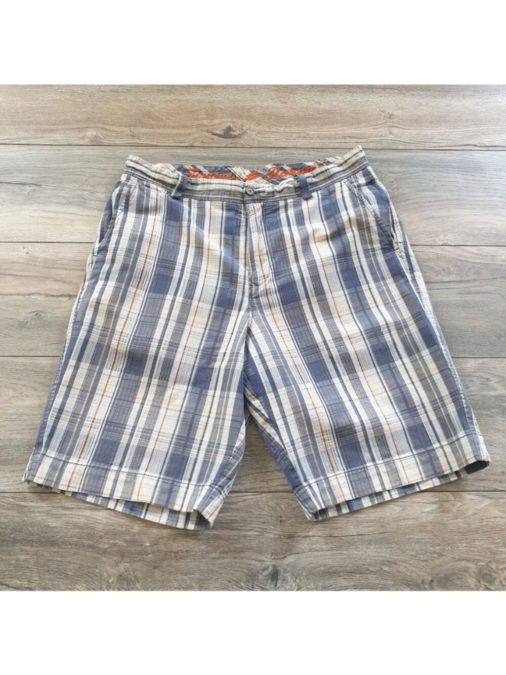 Tommy Bahama Mens Plaid Bermuda Shorts Blue White Orange Size 32 Casual Beach